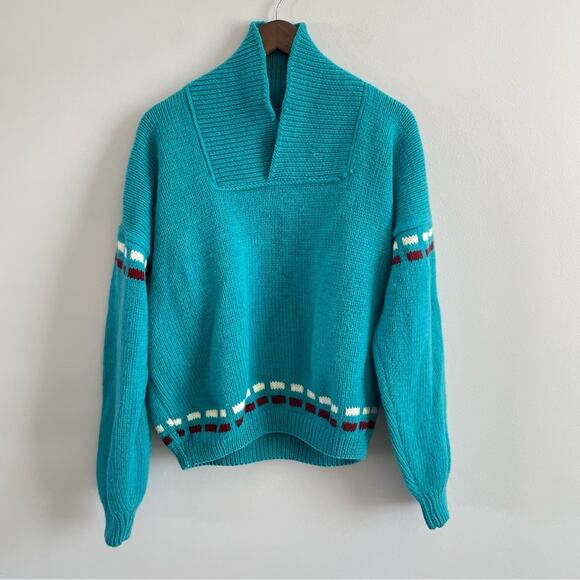 Vintage | Unbranded Teal Turquoise Cowl-Neck Pullover Knit Southwestern Sweater - Picture 2 of 7